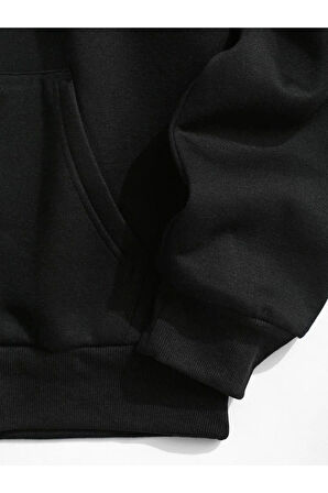 Unisex Siyah Kurukafa Baskılı Oversize Kapşonlu Sweatshirt