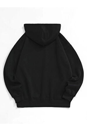 Unisex Siyah Kurukafa Baskılı Oversize Kapşonlu Sweatshirt