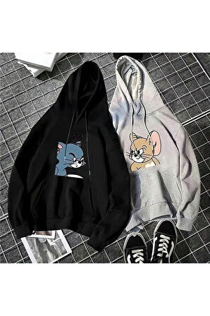 Unisex 2li Siyah Gri Tom Ve Jery Baskılı Oversize Kapüşonlu Sweatshirt