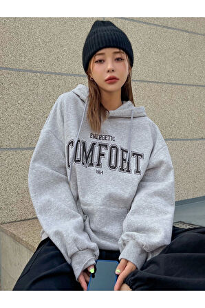 Unisex Gri Comfort Baskılı Oversize Kapşonlu Sweatshirt