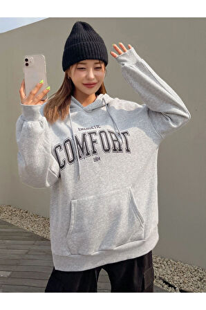 Unisex Gri Comfort Baskılı Oversize Kapşonlu Sweatshirt