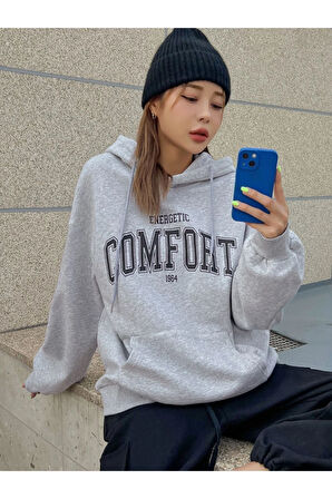 Unisex Gri Comfort Baskılı Oversize Kapşonlu Sweatshirt