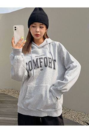 Unisex Gri Comfort Baskılı Oversize Kapşonlu Sweatshirt