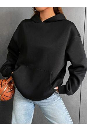 Unisex Siyah Future Sırt Baskılı Kapşonlu Oversize Sweatshirt