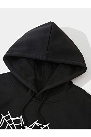 Unisex Siyah Kalp Ağ Baskı Detaylı Oversize Kapşonlu Sweatshirt