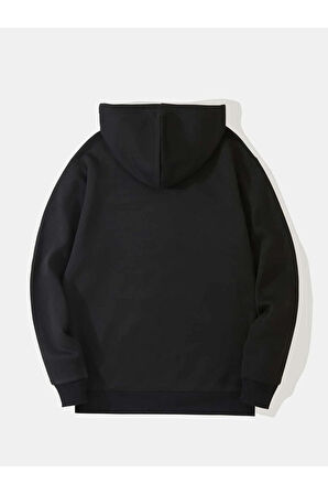 Unisex Siyah Kalp Ağ Baskı Detaylı Oversize Kapşonlu Sweatshirt