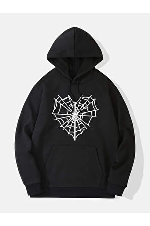 Unisex Siyah Kalp Ağ Baskı Detaylı Oversize Kapşonlu Sweatshirt