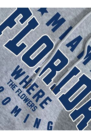 Unisex Gri Florida Baskılı Kapşonlu Oversize Sweatshirt