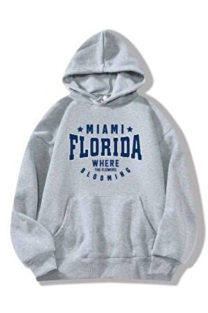 Unisex Gri Florida Baskılı Kapşonlu Oversize Sweatshirt