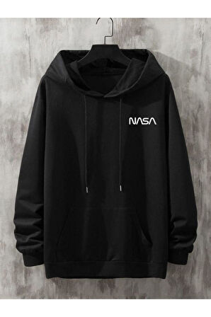 Unisex Siyah Nasa Yazı Baskılı Oversize Kapşonlu Sweatshirt