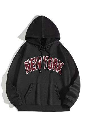 Unisex Siyah Newyork Baskılı Kapşonlu Oversize Sweatshirt