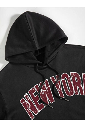 Unisex Siyah Newyork Baskılı Kapşonlu Oversize Sweatshirt