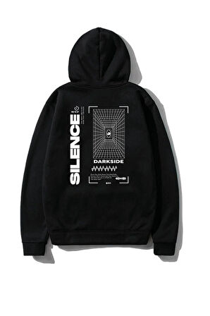 Unisex Siyah Silence Baskılı Oversize Kapşonlu Sweatshirt