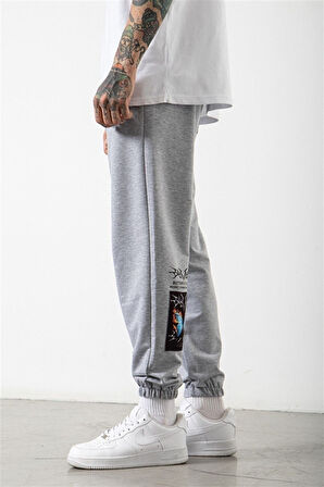 Unisex Gri Kelebek Baskılı Paça Lastikli Oversize Eşofman
