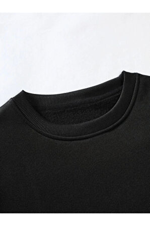 Unisex Siyah Wake Baskılı Bisiklet Yaka Oversize Sweatshirt
