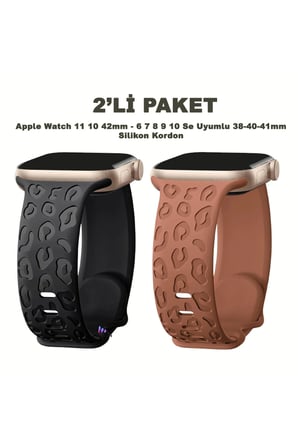 Apple Watch 12-11-10 42mm 6 7 8 9 10 Se Uyumlu 38-40-41mm Leopar Desenli 2'li Silikon Kordon Seti