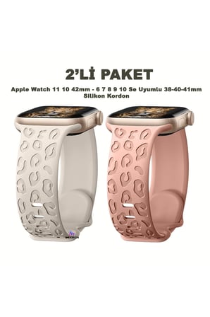 Apple Watch 12-11-10 42mm 6 7 8 9 10 Se Uyumlu 38-40-41mm Leopar Desenli 2'li Silikon Kordon Seti