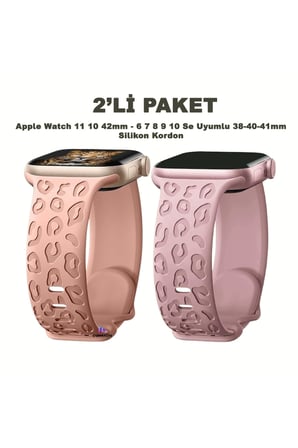 Apple Watch 12-11-10 42mm 6 7 8 9 10 Se Uyumlu 38-40-41mm Leopar Desenli 2'li Silikon Kordon Seti