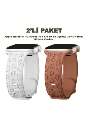 Apple Watch 12-11-10 42mm 6 7 8 9 10 Se Uyumlu 38-40-41mm Leopar Desenli 2'li Silikon Kordon Seti