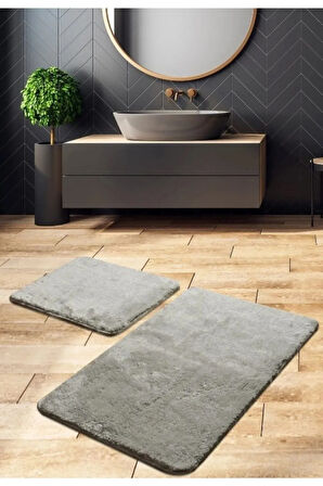 Banyo Paspas Takımı 80x100 ve 80x50 Peluş Klozet Takımı Uzun Tüylü Açık Gri Set