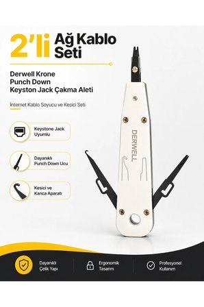 2'li Ağ Kablo Seti; Kilitlemeli RJ45 Sıkma Pensesi ve Krone Punch Down Keyston Jack Çakma Aleti, İnternet Kablo Soyucu ve Kesici Seti