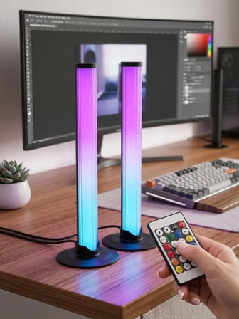 2'li Set Masaüstü RGB LED Ortam Işığı - Sese Duyarlı Müzik Ritim Aydınlatması, Kumanda Kontrollü Oyuncu ve TV Arkası Işık