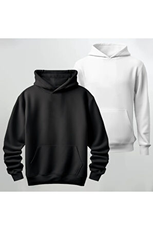 Oversize Unisex 2'li Siyah Beyaz Kapüşonlu Sweatshirt Hoodie Kalın Kumaş 3 İplik Şardonlu