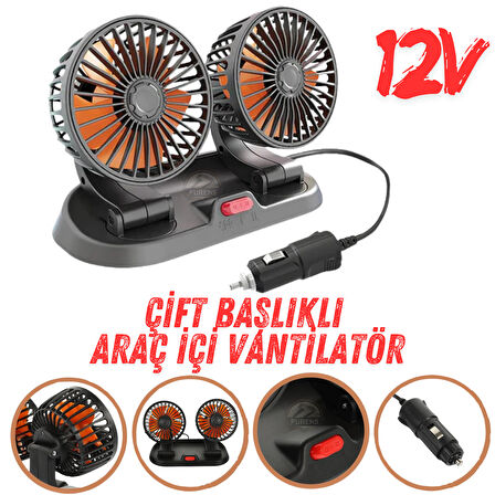 Araç İçi Vantilatör 360° Dönebilen Torpido Üstü Çift Başlıklı Vantilatör 12v Uyumlu Çakmaklık Girişli Soğutucu Fan