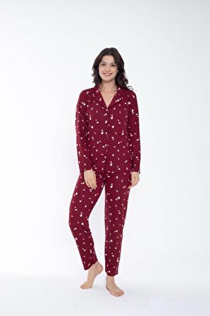 Kadın Gömlek Yaka Önden Düğmeli Mevsimlik Uzun Kol Pijama Takımı