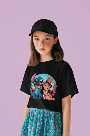 Stitch Ve Lilo Baskılı Unisex Çizgi Film Çocuk Tişört (1-12 Yaş)