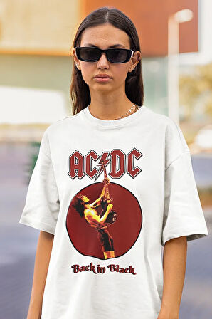 AC DC Back In Black Baskılı Unisex Oversize Rock Metal Tişört