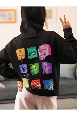 Ters Yüz Baskılı Unisex Oversize Insiide Out Çizgi Film Hoodie