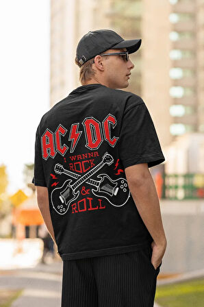 I Wanna Rock & Roll AC DC Baskılı Unisex Oversize Tişört