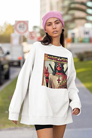 Marvel's Jesus Yazılı Unisex Oversize Deadpool Baskılı Sweatshirt