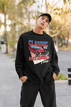 Classic 66 Araba Baskılı Unisex Oversize Sweatshirt