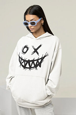 Tasarım Gülen Yüz Baskılı Unisex Oversize Hoodie