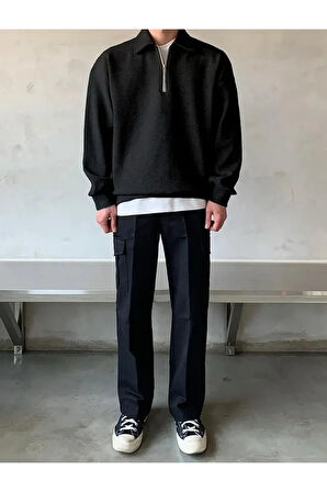 Polo Yaka Yarım Fermuarlı Unisex Oversize Sweatshirt