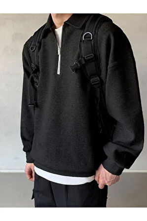 Polo Yaka Yarım Fermuarlı Unisex Oversize Sweatshirt