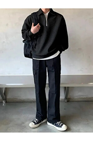 Polo Yaka Yarım Fermuarlı Unisex Oversize Sweatshirt