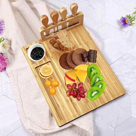Çıracı Grup Bambu Peynir Tahtası Seti, Şarküteri Sunumluk ve Servis Tabağı,4 Paslanmaz Peynir Bıçağı
