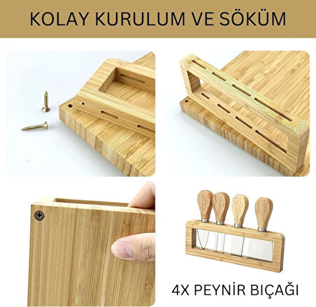 Çıracı Grup Bambu Peynir Tahtası Seti, Şarküteri Sunumluk ve Servis Tabağı,4 Paslanmaz Peynir Bıçağı