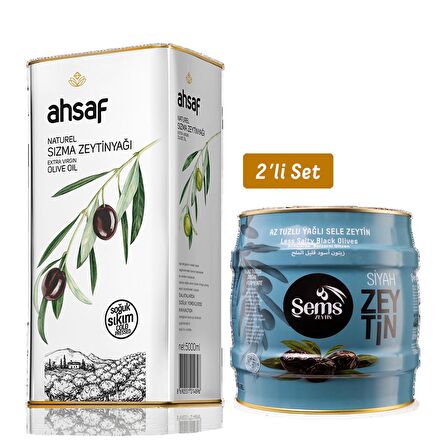 Şems Yağlı Siyah Sele  Zeytin 2 Kg 261-290 Kalibre + Soğuk Sıkım Natürel Sızma Zeytinyağı 5L -Teneke (2'li Ekonomik Paket)