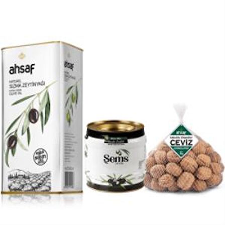 Soğuk Sıkım Natürel Sızma 5 lt Teneke + Zeytin 291-320 Kalibre 2 kg Teneke Kutu + Kabuklu Ceviz 1 kg File