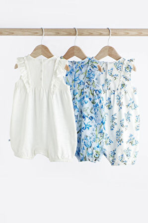 Next Baby % 100 Pamuklu Mavi Beyaz Çiçek Desenli 3’lü Romper Set