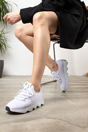 Günlük Kadın Sneaker Spor Ayakkabı Bağcıklı Triko Tırtıklı Kalın Taban Rahat Esnek Hava Alabilen 300