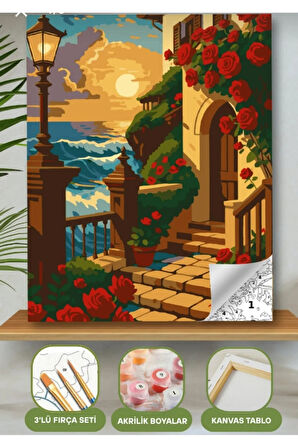 Sayılarla Boyama Seti 40x50 Cm (Çıtalı) Fırça Boya Dahil Numaralı Tuval Kırmızı Gül Bina Manzara