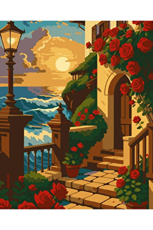 Sayılarla Boyama Seti 40x50 Cm (Çıtalı) Fırça Boya Dahil Numaralı Tuval Kırmızı Gül Bina Manzara