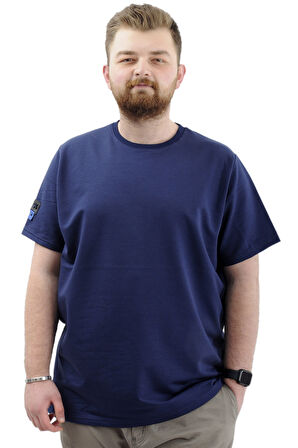Mode XL Büyük Beden Erkek T-Shirt Basic Likralı Bisiklet Yaka Tişört U24073 İndigo