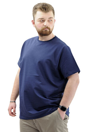 Mode XL Büyük Beden Erkek T-Shirt Basic Likralı Bisiklet Yaka Tişört U24073 İndigo