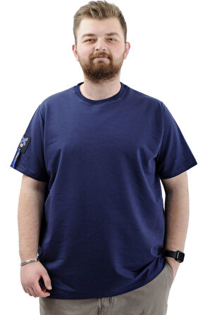 Mode XL Büyük Beden Erkek T-Shirt Basic Likralı Bisiklet Yaka Tişört SPORTS U24074 İndigo
